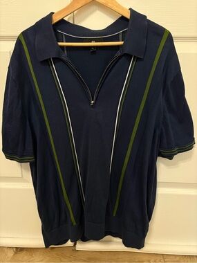 Navy Short Sleeve Zip Polo Sweater with Olive and White Stripes 100% cotton